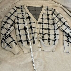 Vintage Cream and Black Plaid Buttoned Cardigan
